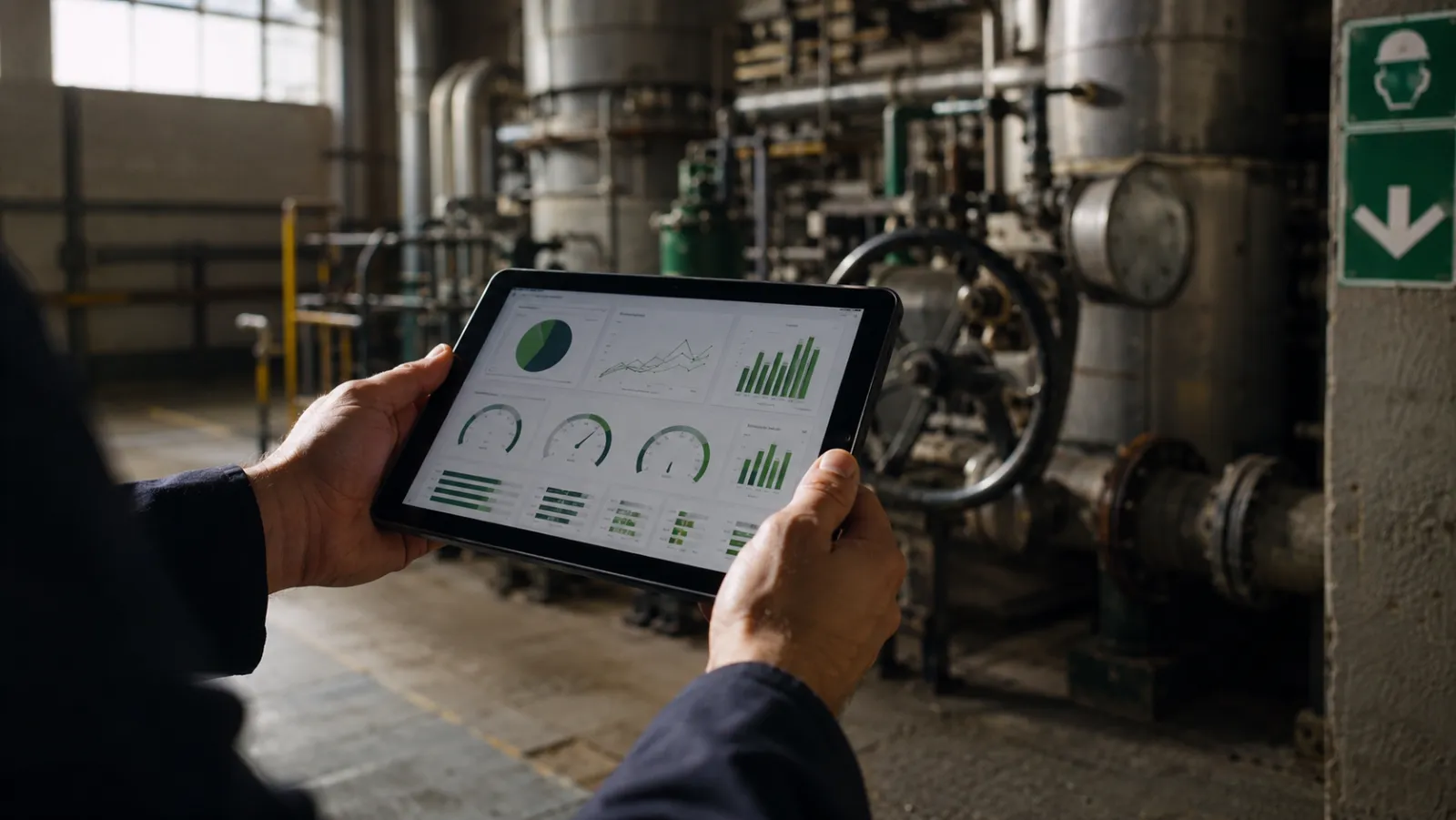 Técnico revisando datos de emisiones de una planta industrial en una tablet