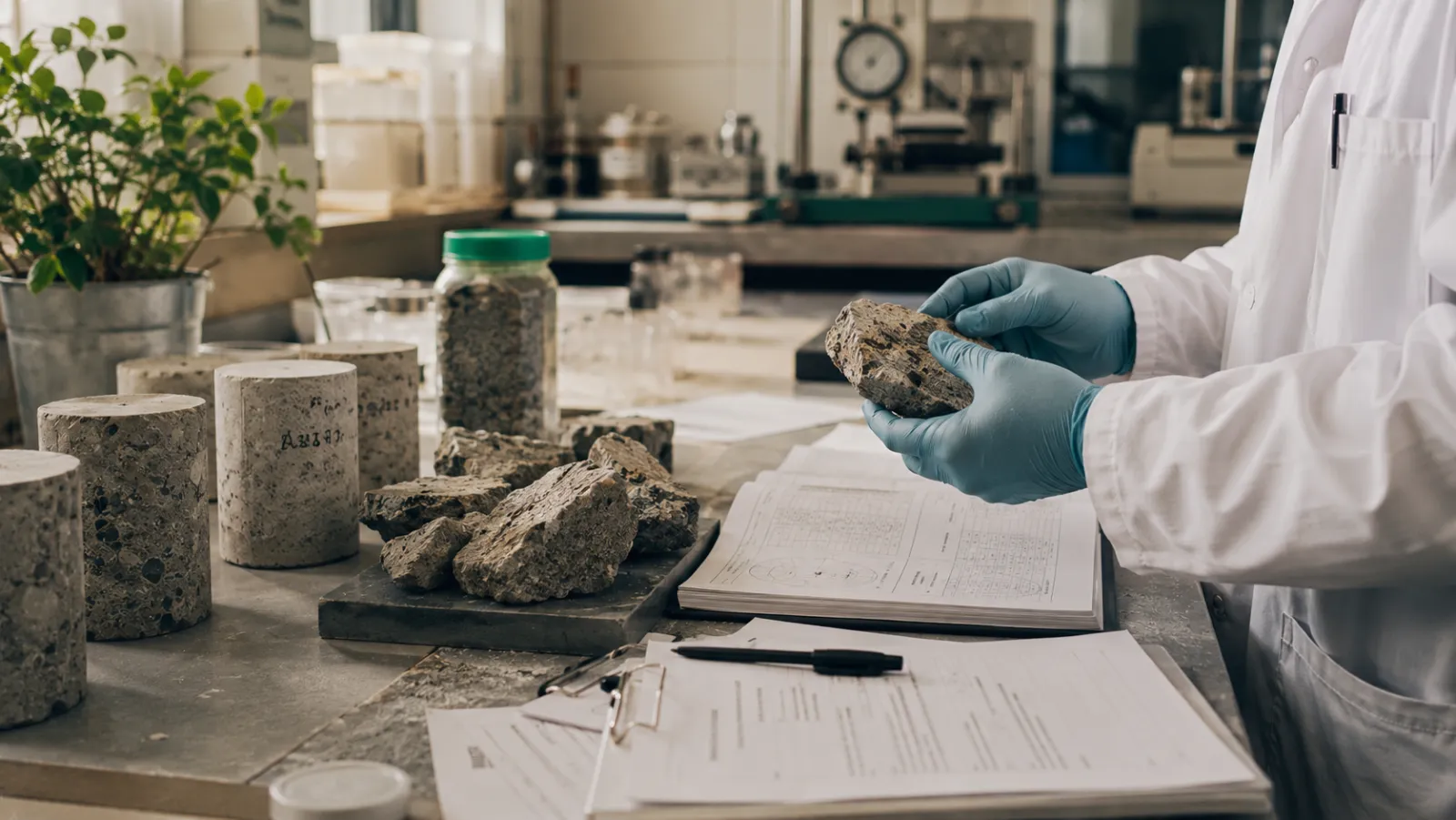 Muestras de material y documentación técnica sobre una mesa de laboratorio