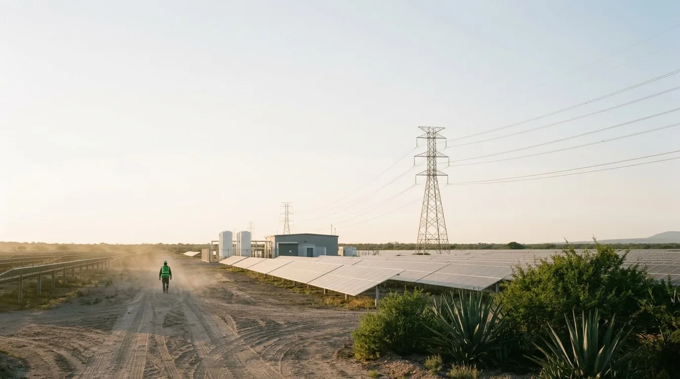 Camino de tierra entre un campo de paneles solares y torres de alta tensión que llega a una pequeña planta con depósitos blancos; un operario con chaleco verde camina de espaldas
