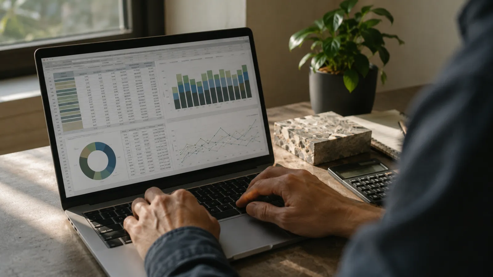 Analista revisando datos de consumo de energía y materiales en una hoja de cálculo