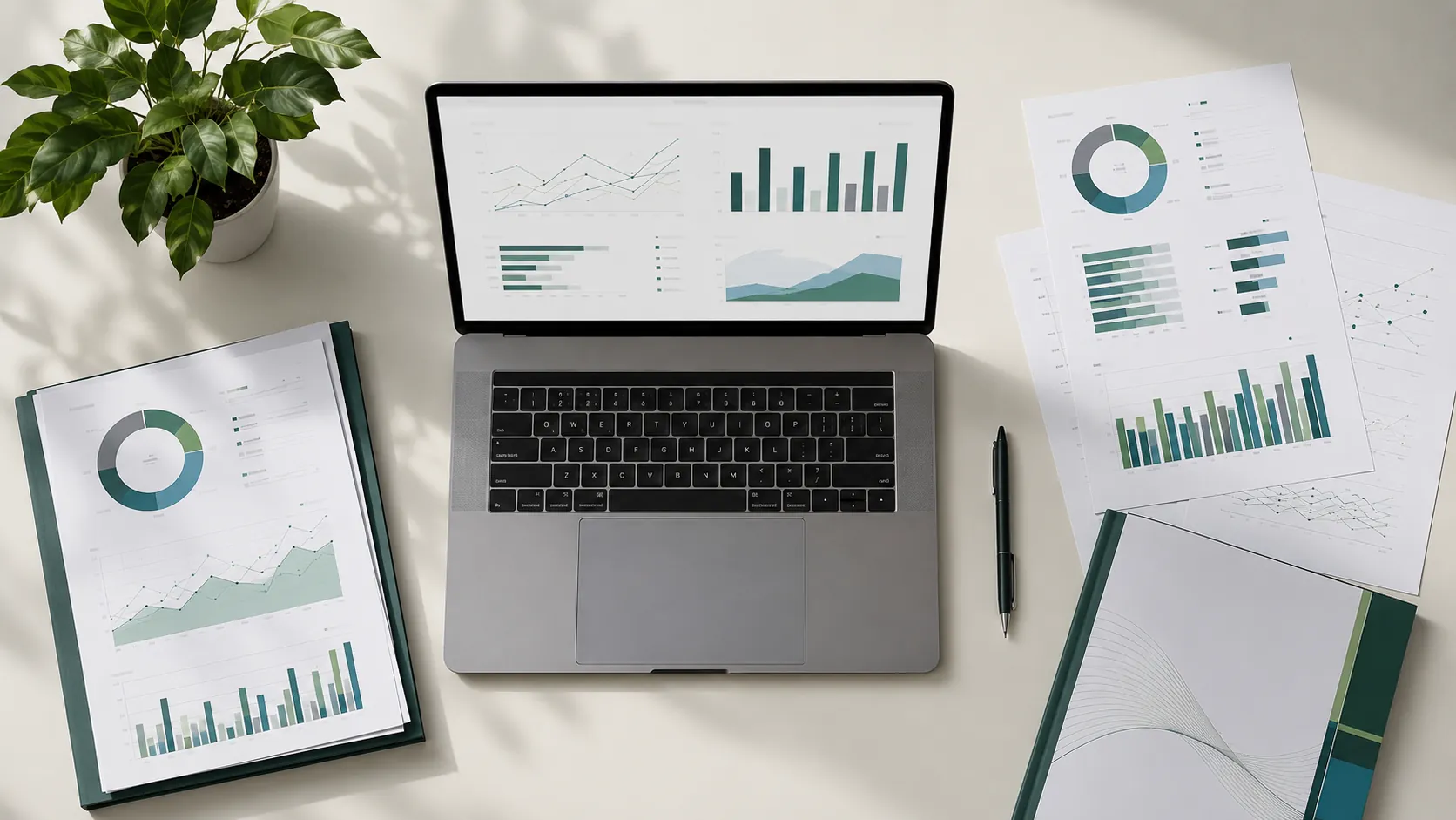 Revisión técnica de gráficos y datos sobre una mesa de trabajo